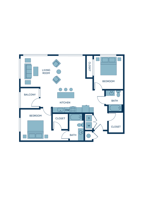 Floor plan for 2 beds, 2 baths, 1139 sqft